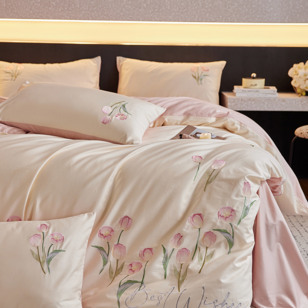 91家纺网 家纺一手货源 找家纺 （总）爱缦 2026新款100S全棉CR工艺极简轻奢刺绣四件套-花海郁金系列风格二（券后控价：标准288，大号308）