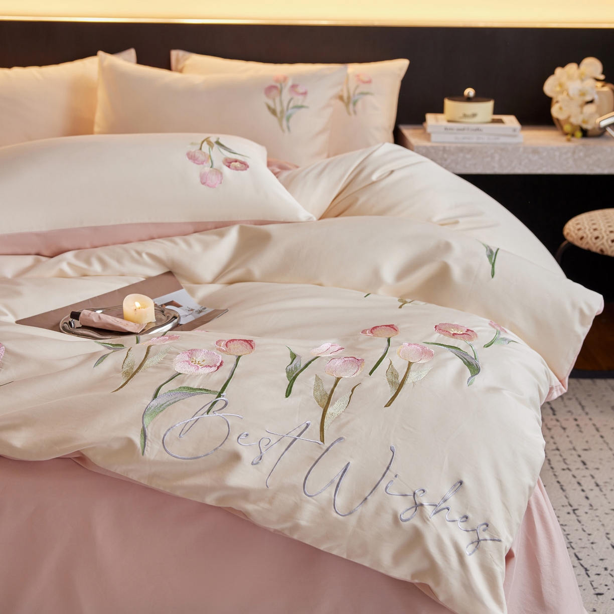 91家纺网 家纺一手货源 找家纺 （总）爱缦 2026新款100S全棉CR工艺极简轻奢刺绣四件套-花海郁金系列风格二（券后控价：标准288，大号308）