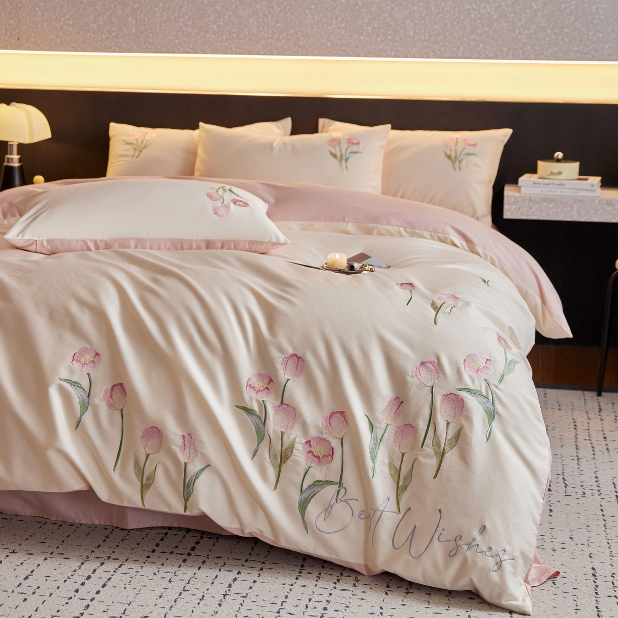 91家纺网 家纺一手货源 找家纺 （总）爱缦 2026新款100S全棉CR工艺极简轻奢刺绣四件套-花海郁金系列风格二（券后控价：标准288，大号308）