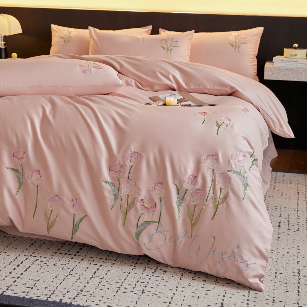 爱缦 2026新款100S全棉CR工艺极简轻奢刺绣四件套-花海郁金系列风格二（券后控价：标准288，大号308） 花海郁金-粉色