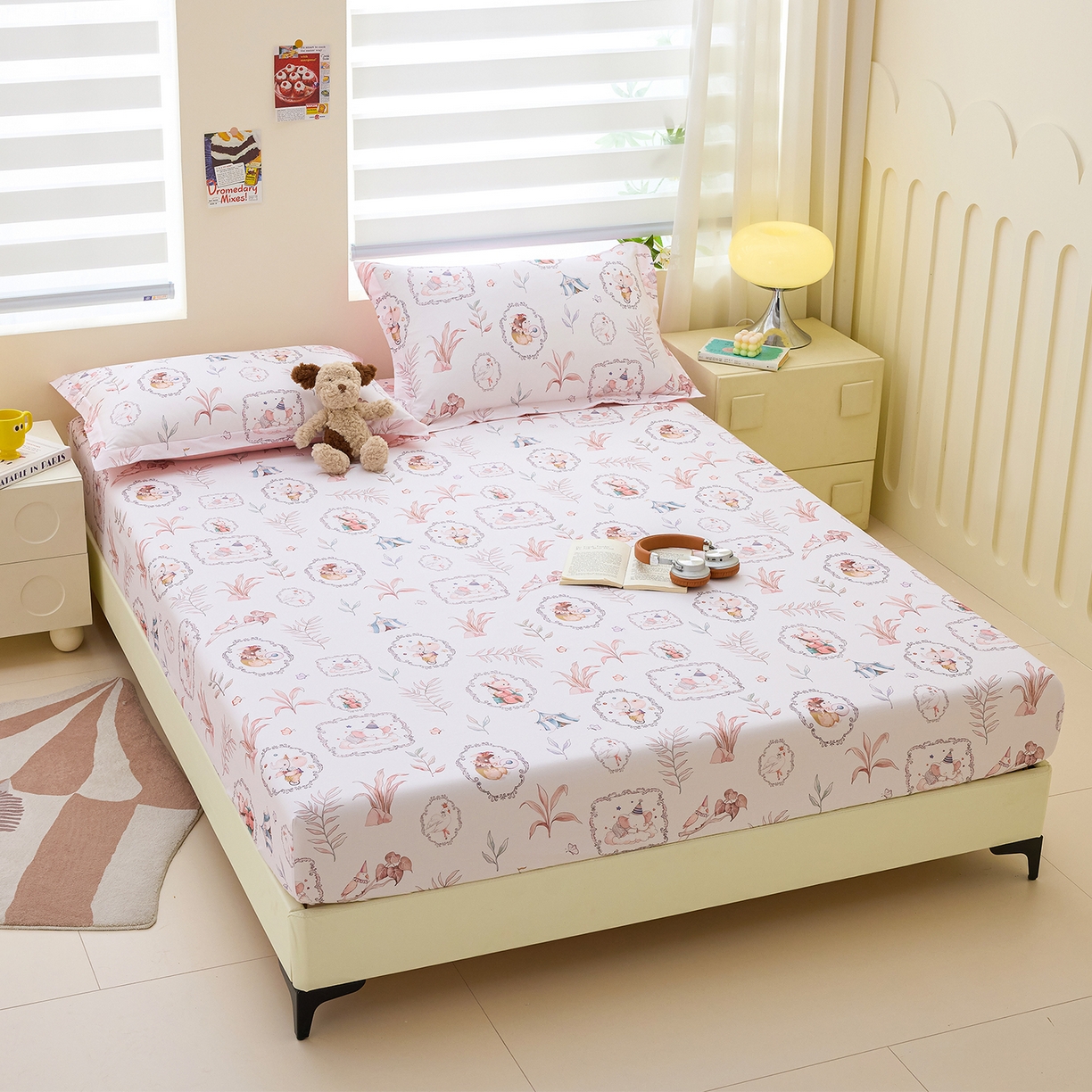 91家纺网 家纺一手货源 找家纺 元元家居（元元被业） 2026新款全棉13372套件及单品【印花款】-单床笠 乐园粉