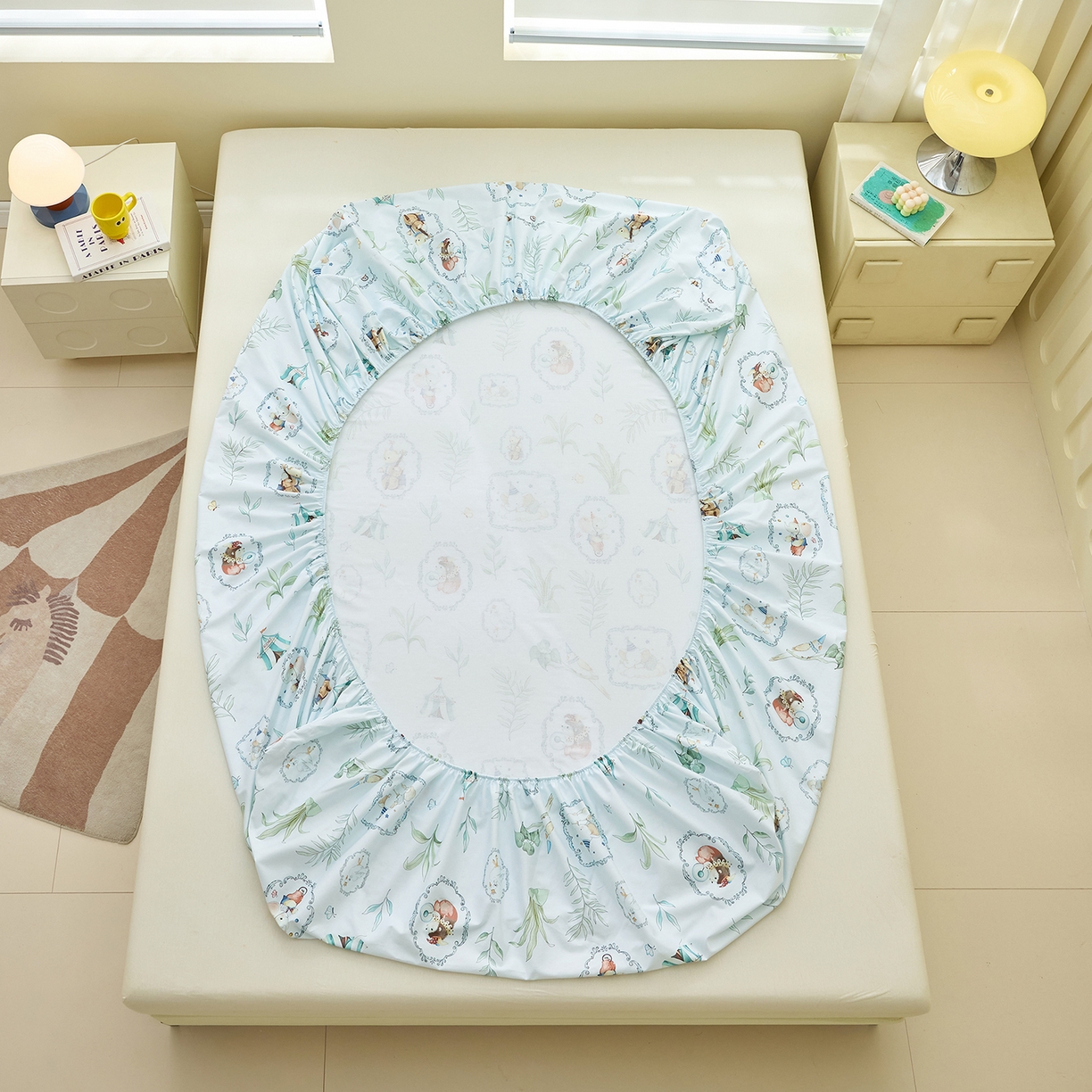 91家纺网 家纺一手货源 找家纺 元元家居（元元被业） 2026新款全棉13372套件及单品【印花款】-单床笠 乐园绿