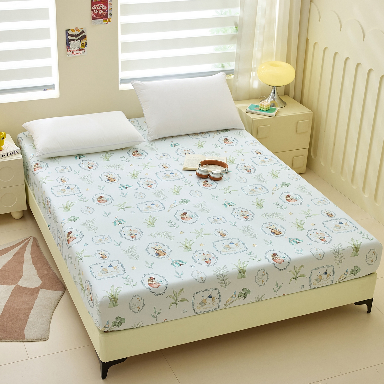 91家纺网 家纺一手货源 找家纺 元元家居（元元被业） 2026新款全棉13372套件及单品【印花款】-单床笠 乐园绿