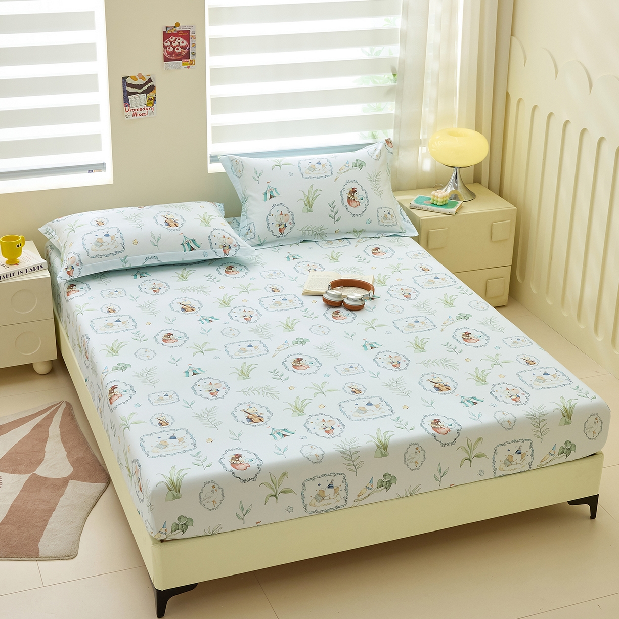 91家纺网 家纺一手货源 找家纺 元元家居（元元被业） 2026新款全棉13372套件及单品【印花款】-单床笠 乐园绿