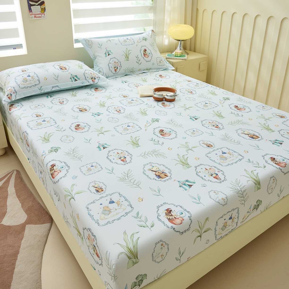 91家纺网 家纺一手货源 找家纺 元元家居（元元被业） 2026新款全棉13372套件及单品【印花款】-单床笠 乐园绿