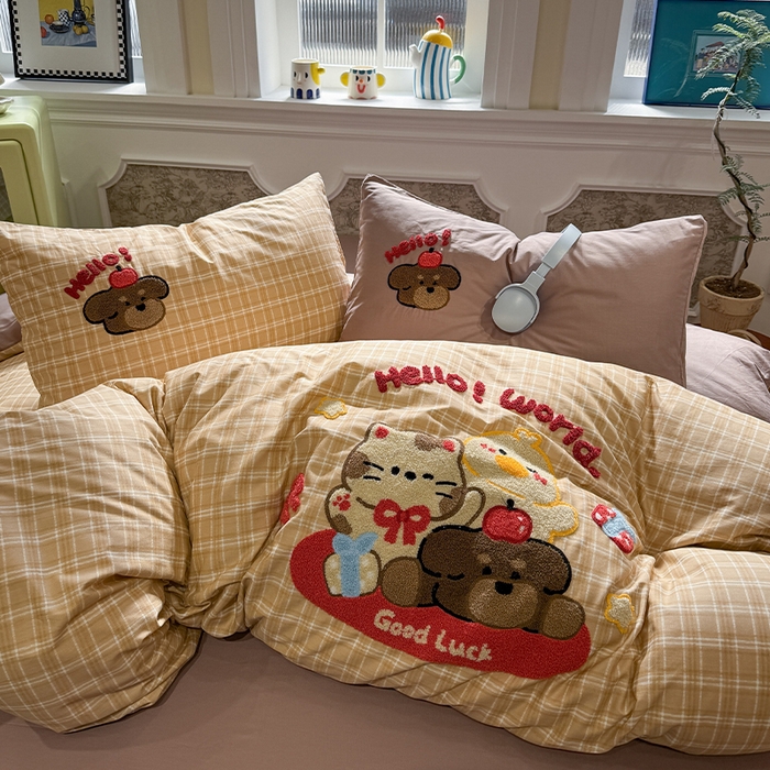 91家纺网 家纺一手货源 找家纺 （总）欣宜家纺 2026新款全棉纯棉卡通毛巾绣四件套床上用品套件