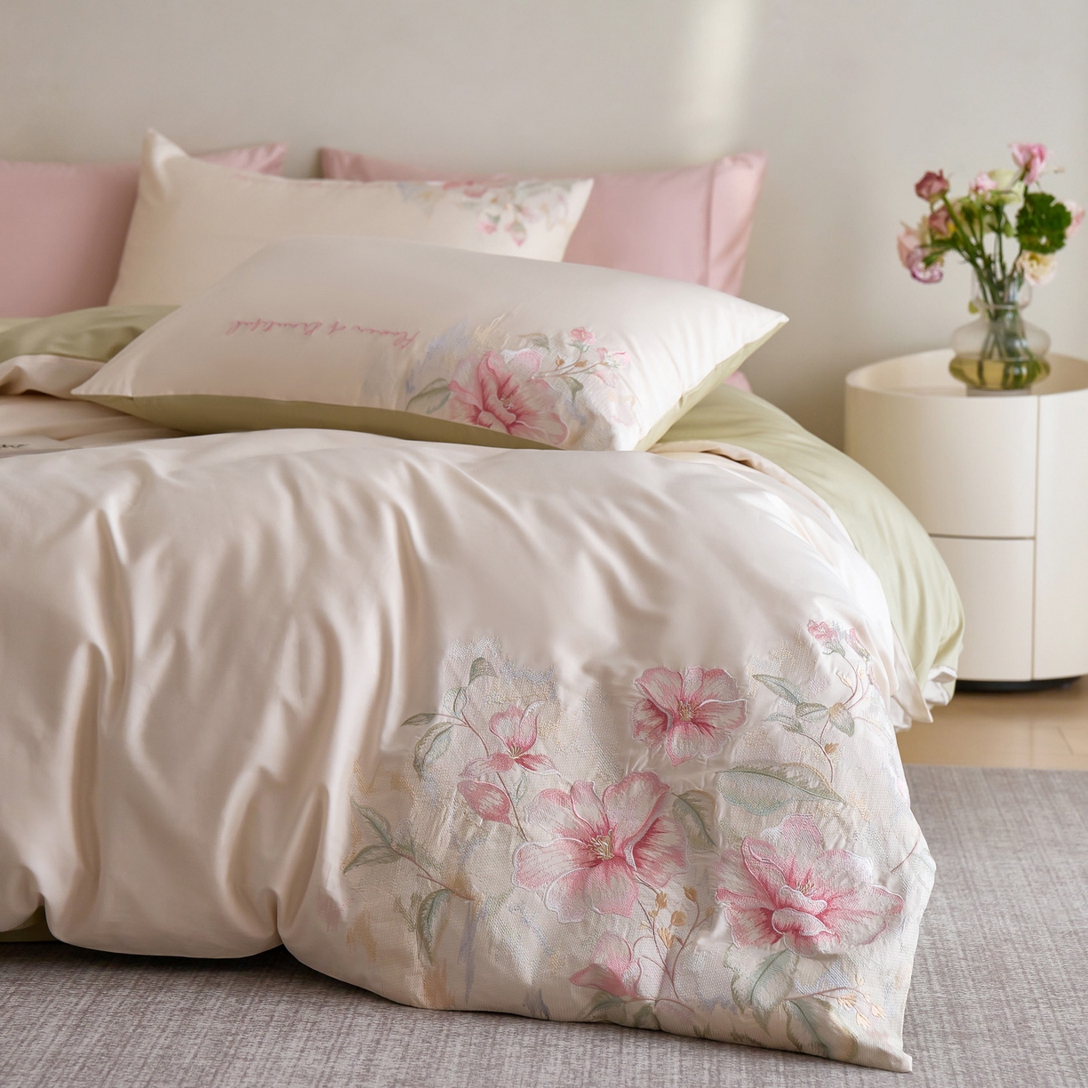 91家纺网 家纺一手货源 找家纺 爱缦 2026新款100S全棉CR工艺极简轻奢刺绣四件套-秘境系列（券后控价：标准318，大号338） 白绿