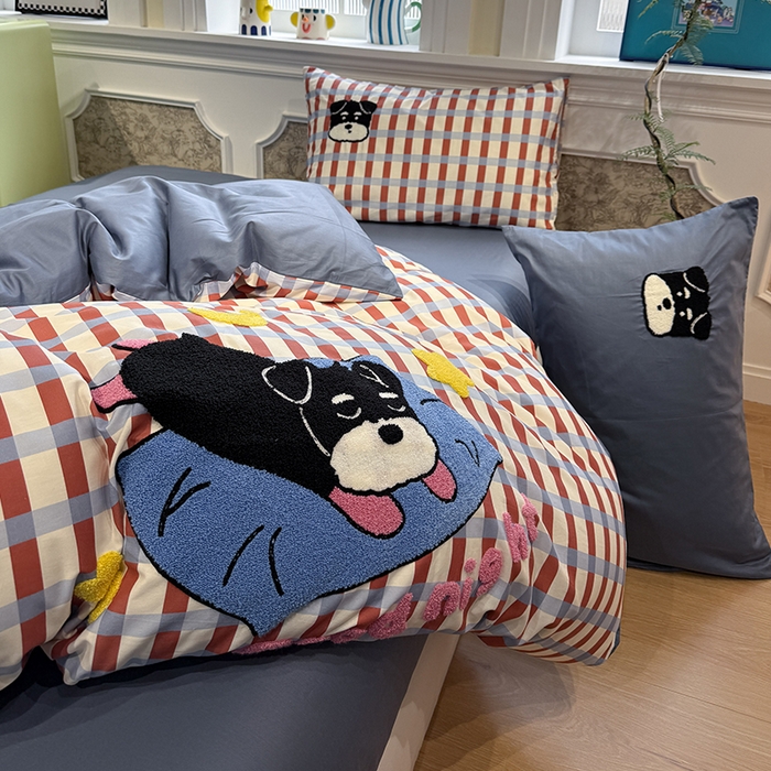 91家纺网 家纺一手货源 找家纺 欣宜家纺 2026新款全棉纯棉卡通毛巾绣四件套床上用品套件 晚安雪纳瑞