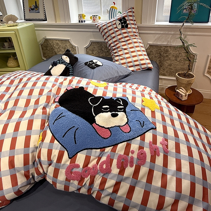 91家纺网 家纺一手货源 找家纺 欣宜家纺 2026新款全棉纯棉卡通毛巾绣四件套床上用品套件 晚安雪纳瑞