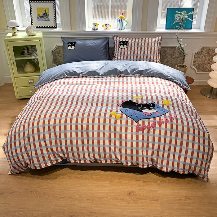 91家纺网 家纺一手货源 找家纺 欣宜家纺 2026新款全棉纯棉卡通毛巾绣四件套床上用品套件 晚安雪纳瑞