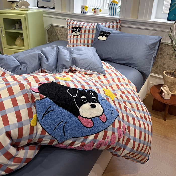 91家纺网 家纺一手货源 找家纺 欣宜家纺 2026新款全棉纯棉卡通毛巾绣四件套床上用品套件 晚安雪纳瑞