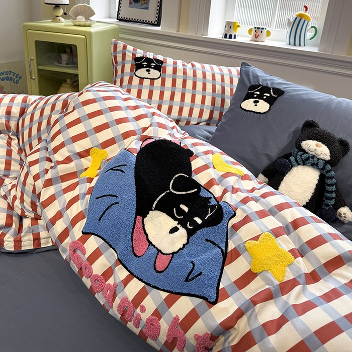 91家纺网 家纺一手货源 找家纺 欣宜家纺 2026新款全棉纯棉卡通毛巾绣四件套床上用品套件 晚安雪纳瑞