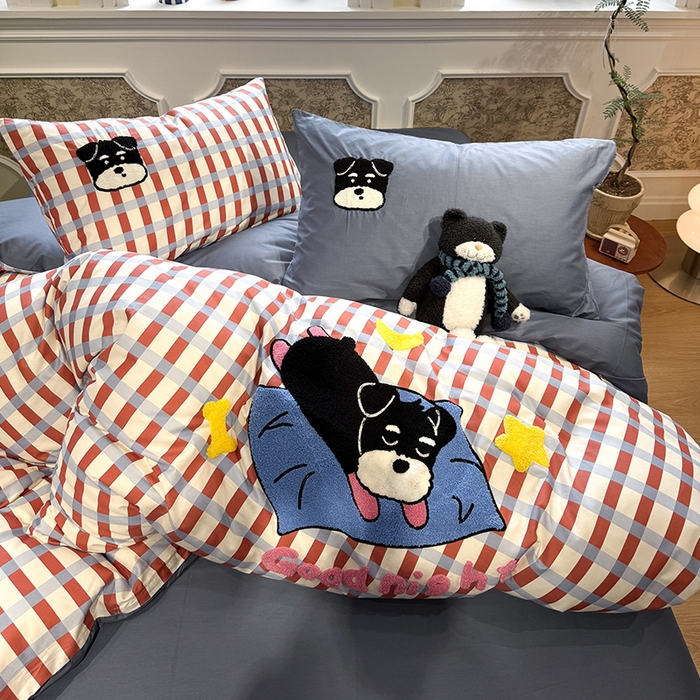 91家纺网 家纺一手货源 找家纺 欣宜家纺 2026新款全棉纯棉卡通毛巾绣四件套床上用品套件 晚安雪纳瑞