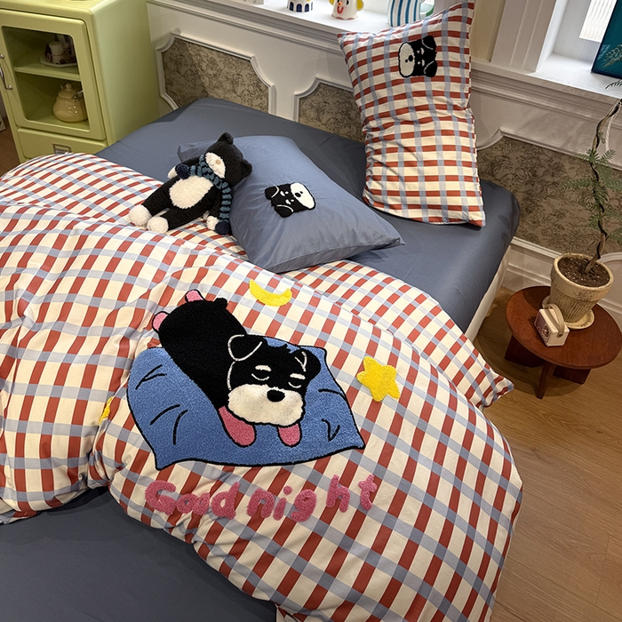 91家纺网 家纺一手货源 找家纺 欣宜家纺 2026新款全棉纯棉卡通毛巾绣四件套床上用品套件 晚安雪纳瑞