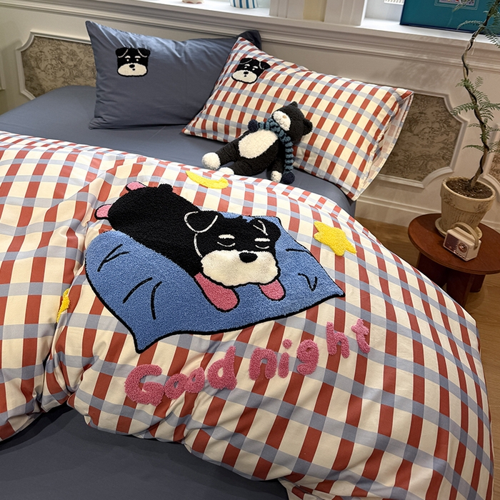 91家纺网 家纺一手货源 找家纺 欣宜家纺 2026新款全棉纯棉卡通毛巾绣四件套床上用品套件 晚安雪纳瑞