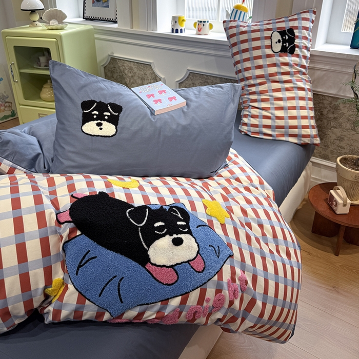 91家纺网 家纺一手货源 找家纺 欣宜家纺 2026新款全棉纯棉卡通毛巾绣四件套床上用品套件 晚安雪纳瑞