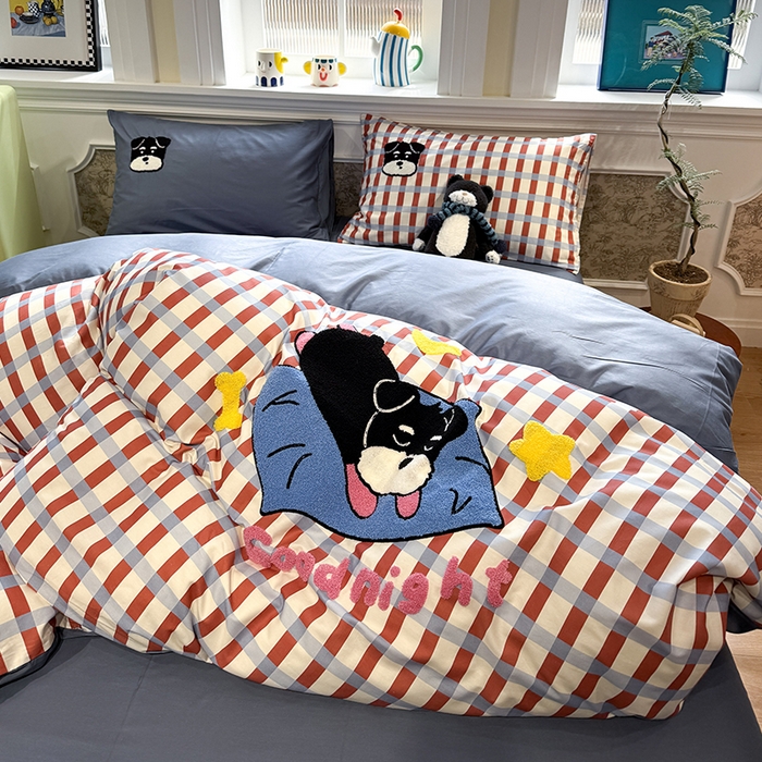 91家纺网 家纺一手货源 找家纺 欣宜家纺 2026新款全棉纯棉卡通毛巾绣四件套床上用品套件 晚安雪纳瑞