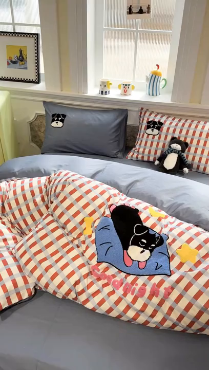 91家纺网 家纺一手货源 找家纺 欣宜家纺 2026新款全棉纯棉卡通毛巾绣四件套床上用品套件 晚安雪纳瑞