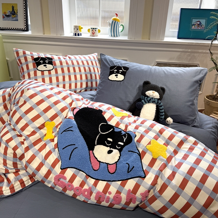 欣宜家纺 2026新款全棉纯棉卡通毛巾绣四件套床上用品套件 晚安雪纳瑞