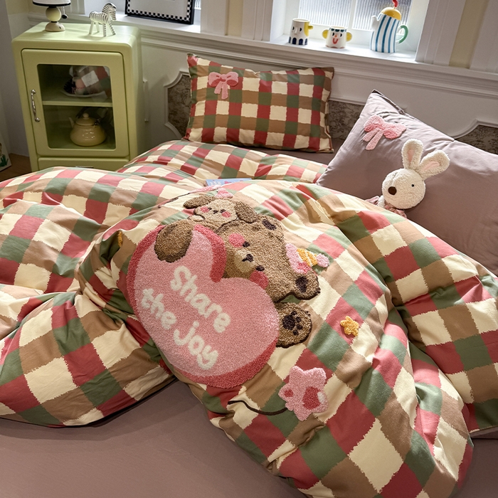 欣宜家纺 2026新款全棉纯棉卡通毛巾绣四件套床上用品套件 甜心熊