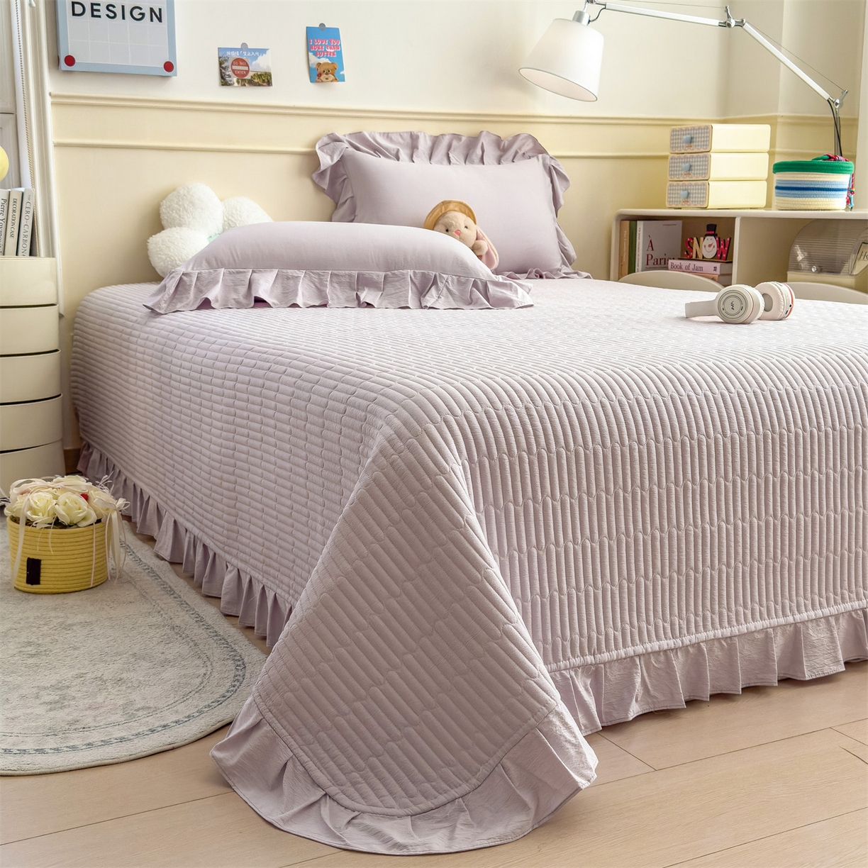 91家纺网 家纺一手货源 找家纺 兄弟坊 2026新款韩版凉感皱皱绵花边夏被床盖四件套 凉感皱皱绵-香芋紫