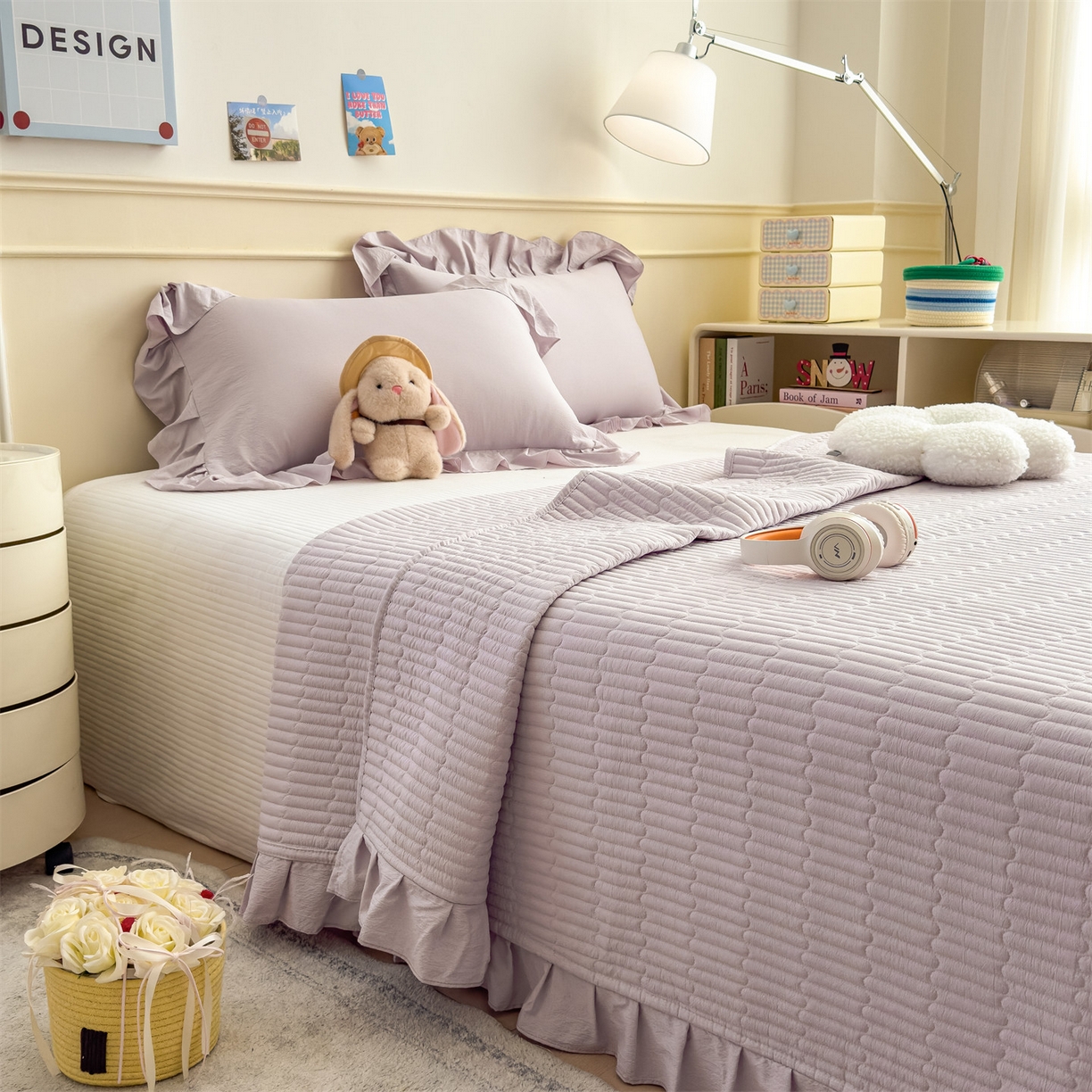 91家纺网 家纺一手货源 找家纺 兄弟坊 2026新款韩版凉感皱皱绵花边夏被床盖四件套 凉感皱皱绵-香芋紫