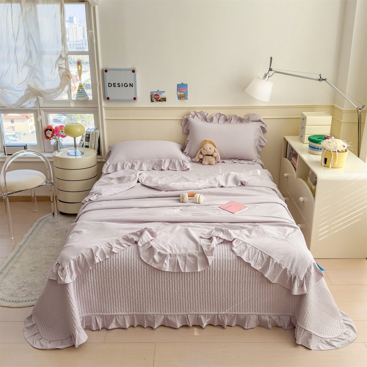 91家纺网 家纺一手货源 找家纺 兄弟坊 2026新款韩版凉感皱皱绵花边夏被床盖四件套 凉感皱皱绵-香芋紫