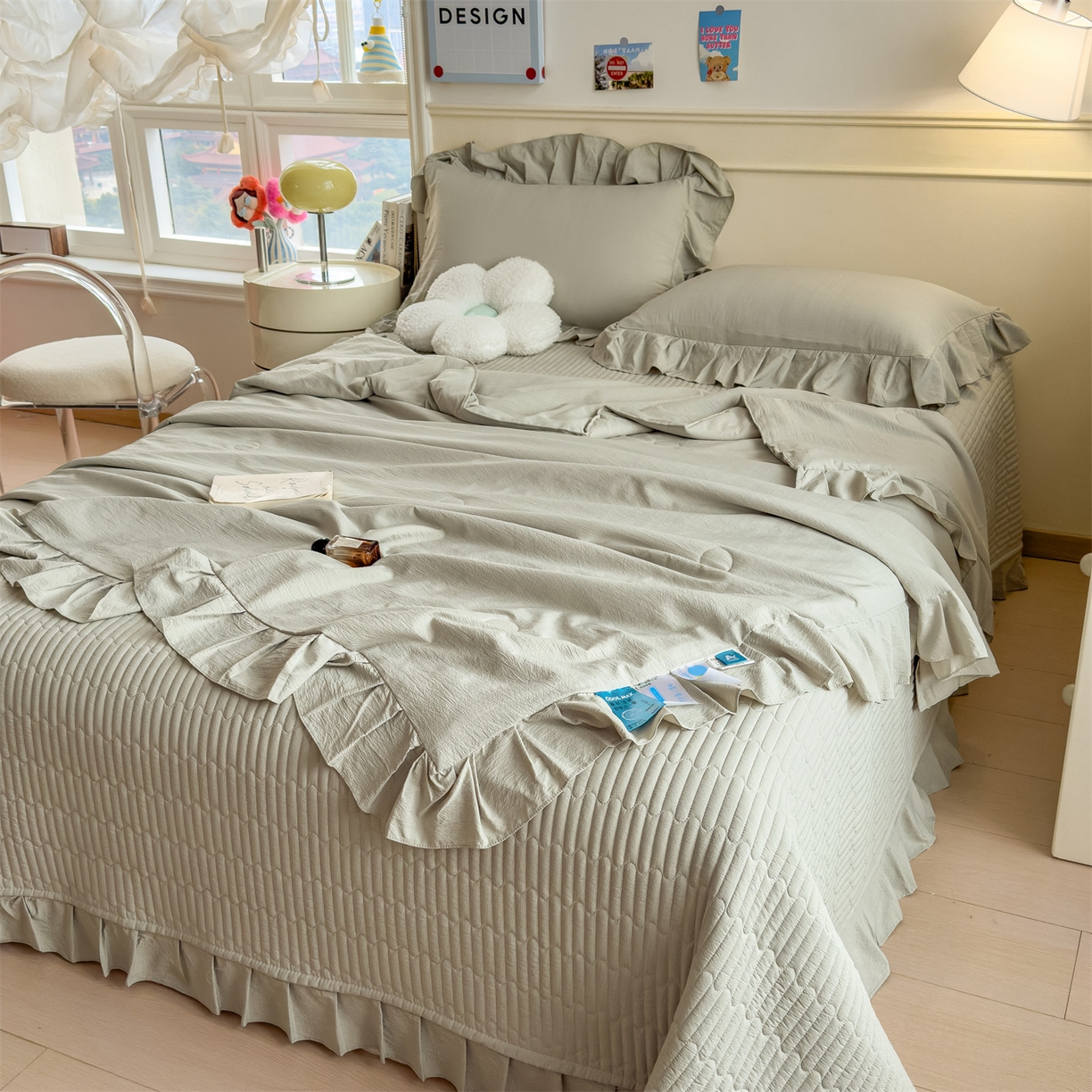 91家纺网 家纺一手货源 找家纺 兄弟坊 2026新款韩版凉感皱皱绵花边夏被床盖四件套 凉感皱皱绵-橄榄绿