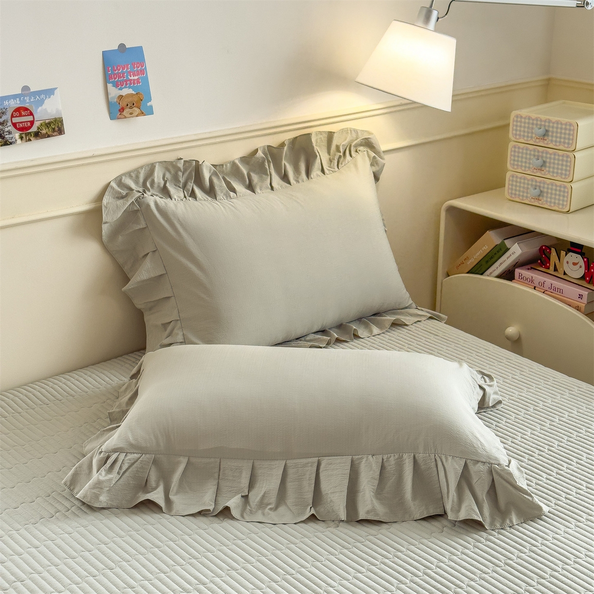 91家纺网 家纺一手货源 找家纺 兄弟坊 2026新款韩版凉感皱皱绵花边夏被床盖四件套 凉感皱皱绵-橄榄绿