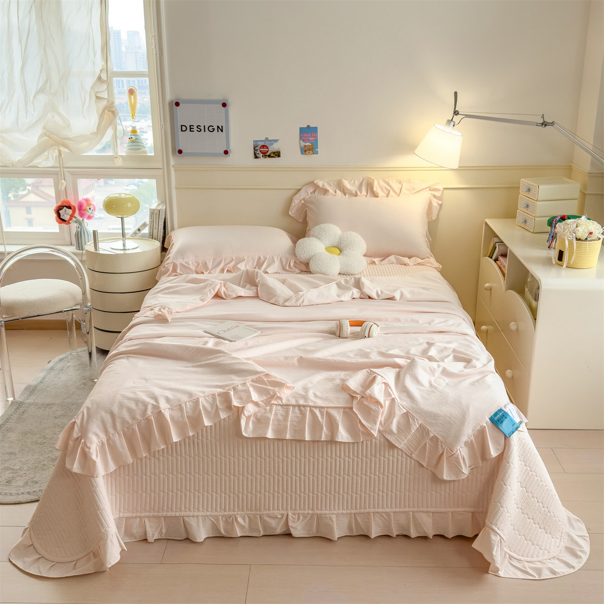 91家纺网 家纺一手货源 找家纺 兄弟坊 2026新款韩版凉感皱皱绵花边夏被床盖四件套 凉感皱皱绵-玉色