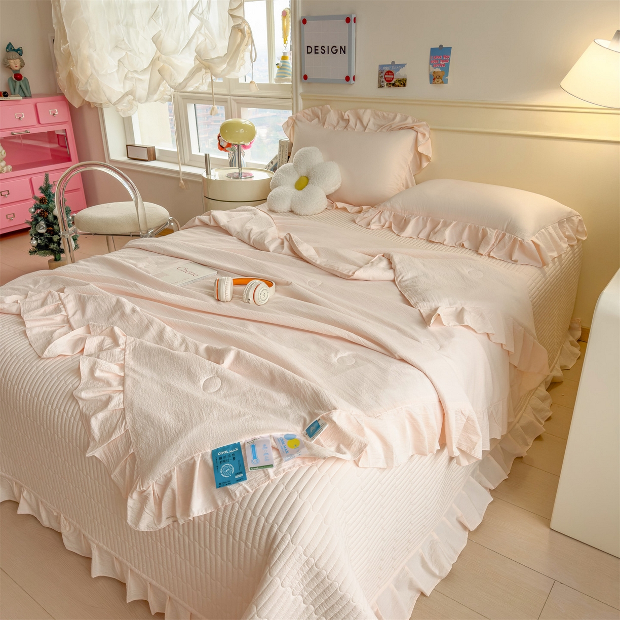 91家纺网 家纺一手货源 找家纺 兄弟坊 2026新款韩版凉感皱皱绵花边夏被床盖四件套 凉感皱皱绵-玉色