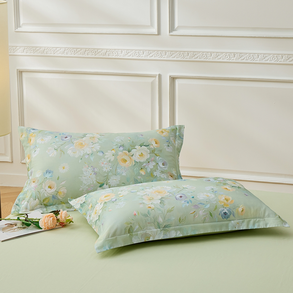 元元家居（元元被业） 2026新款全棉13372套件及单品【印花款】-单枕套 花漾绿