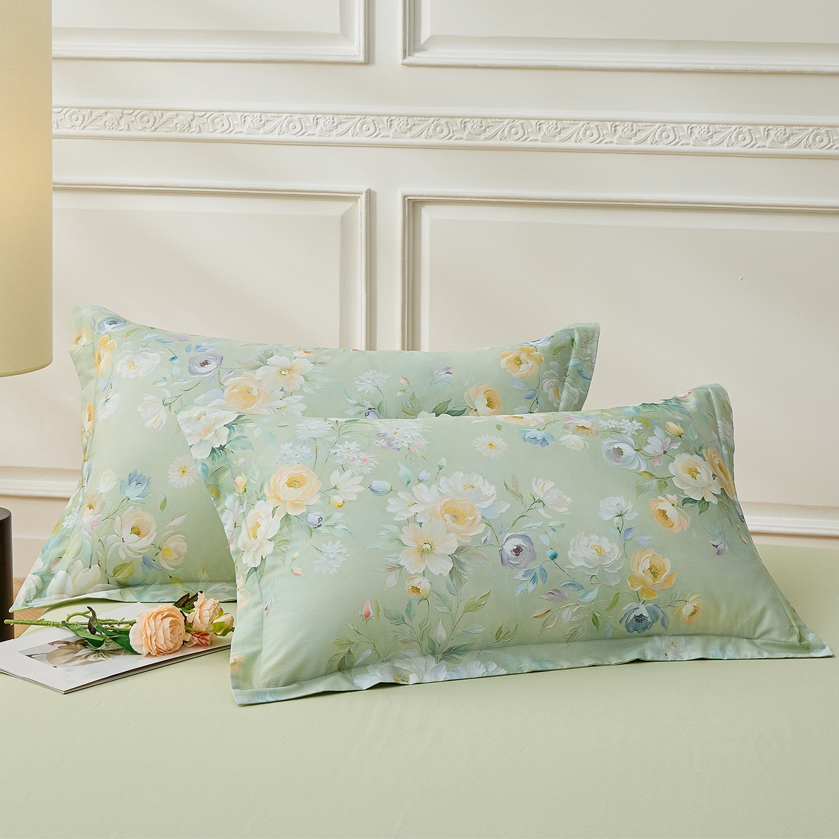 91家纺网 家纺一手货源 找家纺 元元家居（元元被业） 2026新款全棉13372套件及单品【印花款】-单枕套 花漾绿