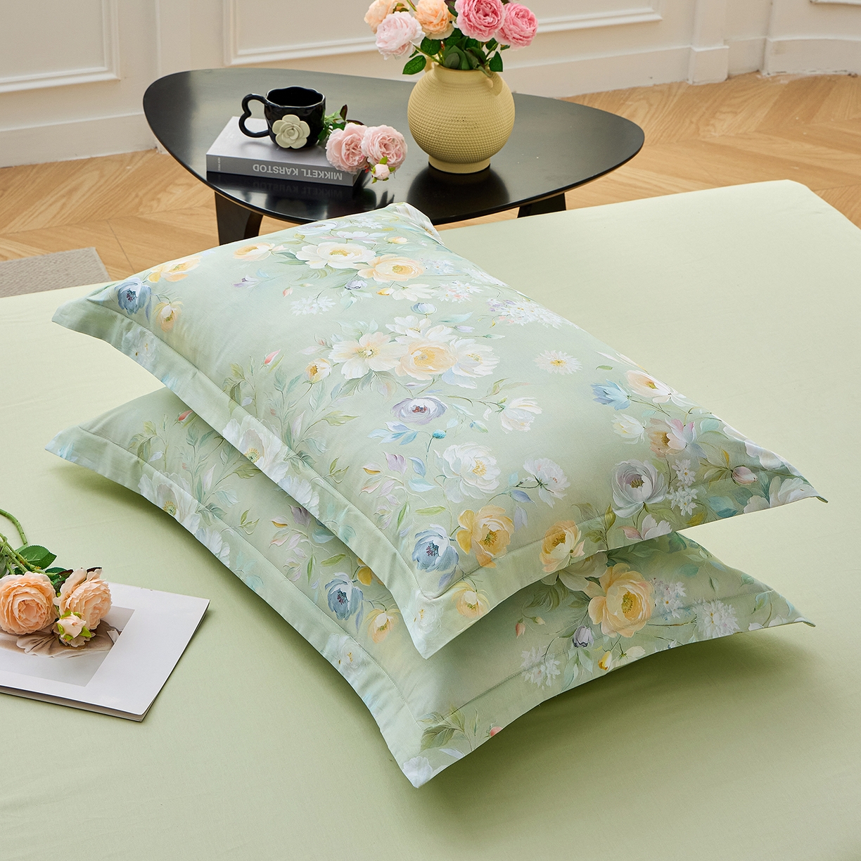 91家纺网 家纺一手货源 找家纺 元元家居（元元被业） 2026新款全棉13372套件及单品【印花款】-单枕套 花漾绿