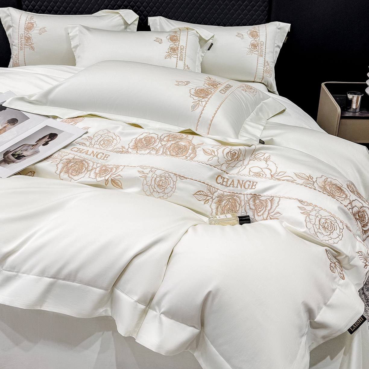 91家纺网 家纺一手货源 找家纺 莱势 2026新品100支纯棉全棉50x50s埃及长绒棉刺绣绣花四件套高端礼盒-倾城系列 倾城-贵族白