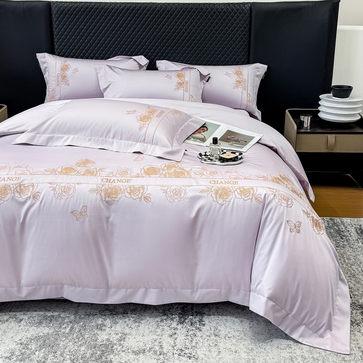 莱势 2026新品100支纯棉全棉50x50s埃及长绒棉刺绣绣花四件套高端礼盒-倾城系列 倾城-香芋紫