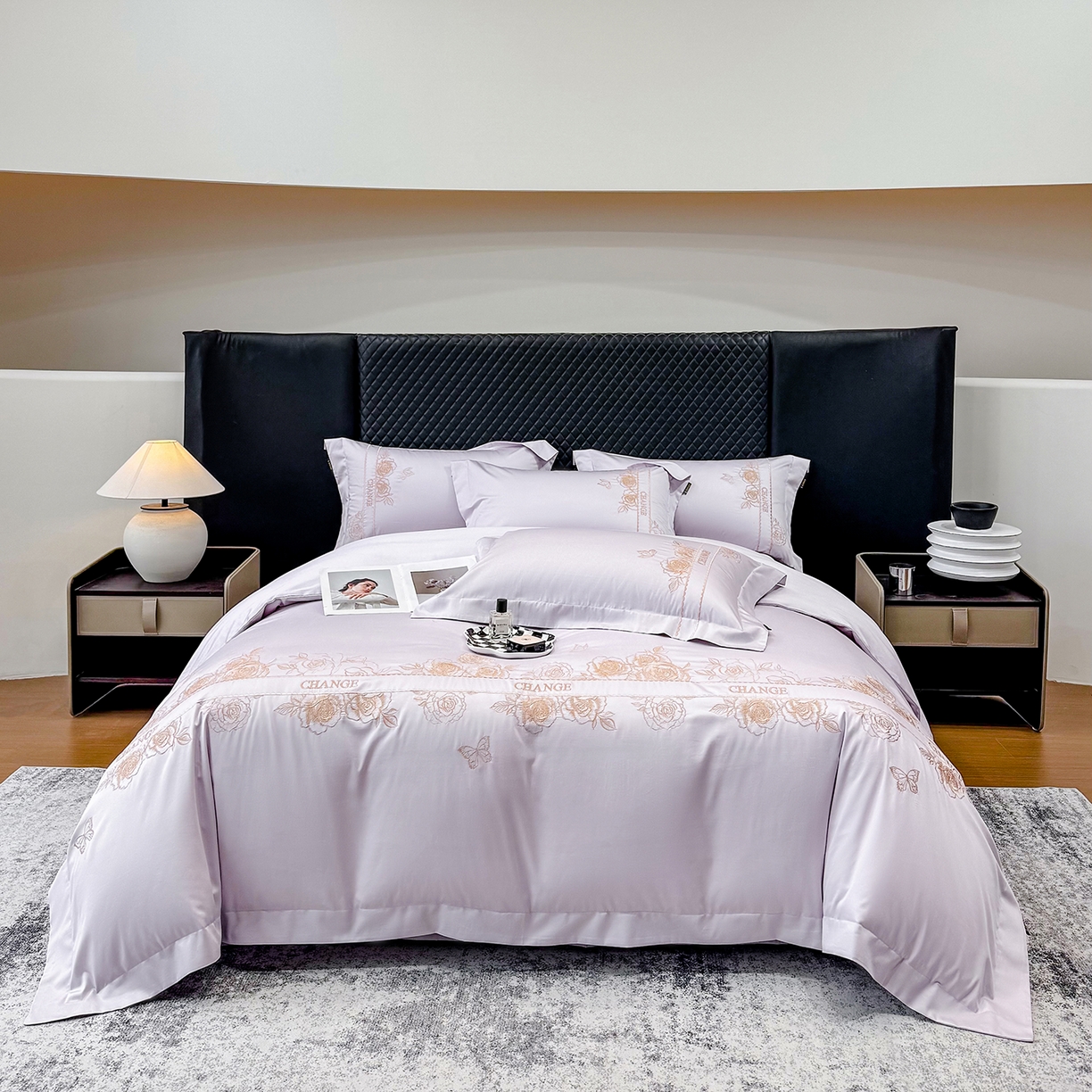 91家纺网 家纺一手货源 找家纺 莱势 2026新品100支纯棉全棉50x50s埃及长绒棉刺绣绣花四件套高端礼盒-倾城系列 倾城-香芋紫