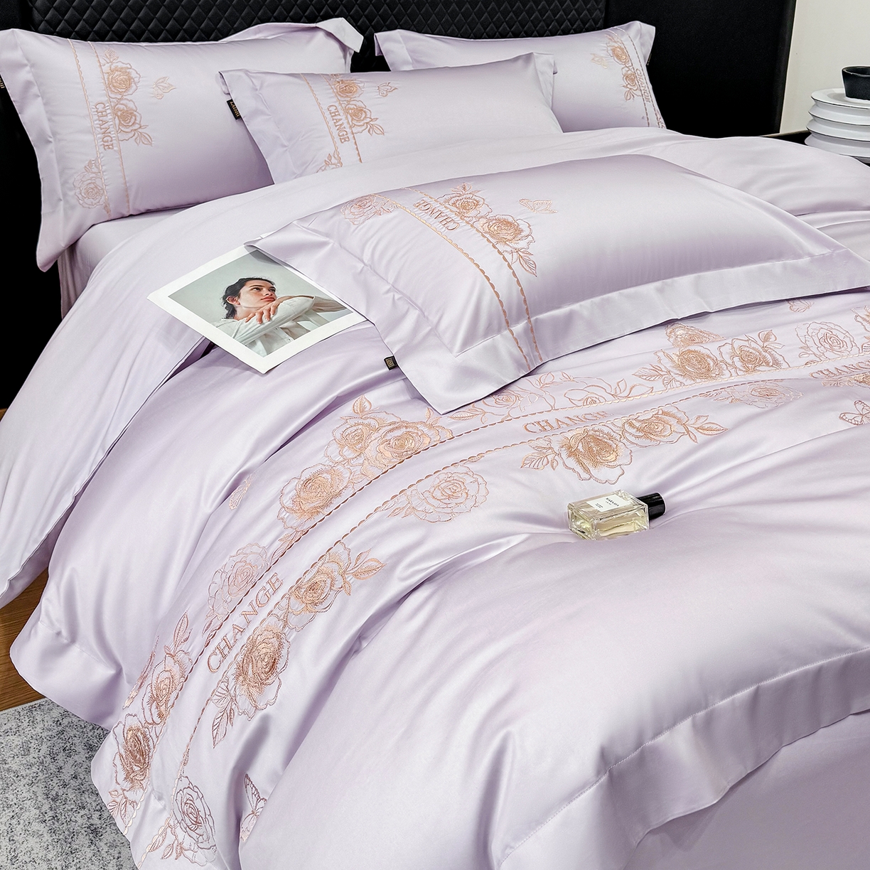 91家纺网 家纺一手货源 找家纺 莱势 2026新品100支纯棉全棉50x50s埃及长绒棉刺绣绣花四件套高端礼盒-倾城系列 倾城-香芋紫