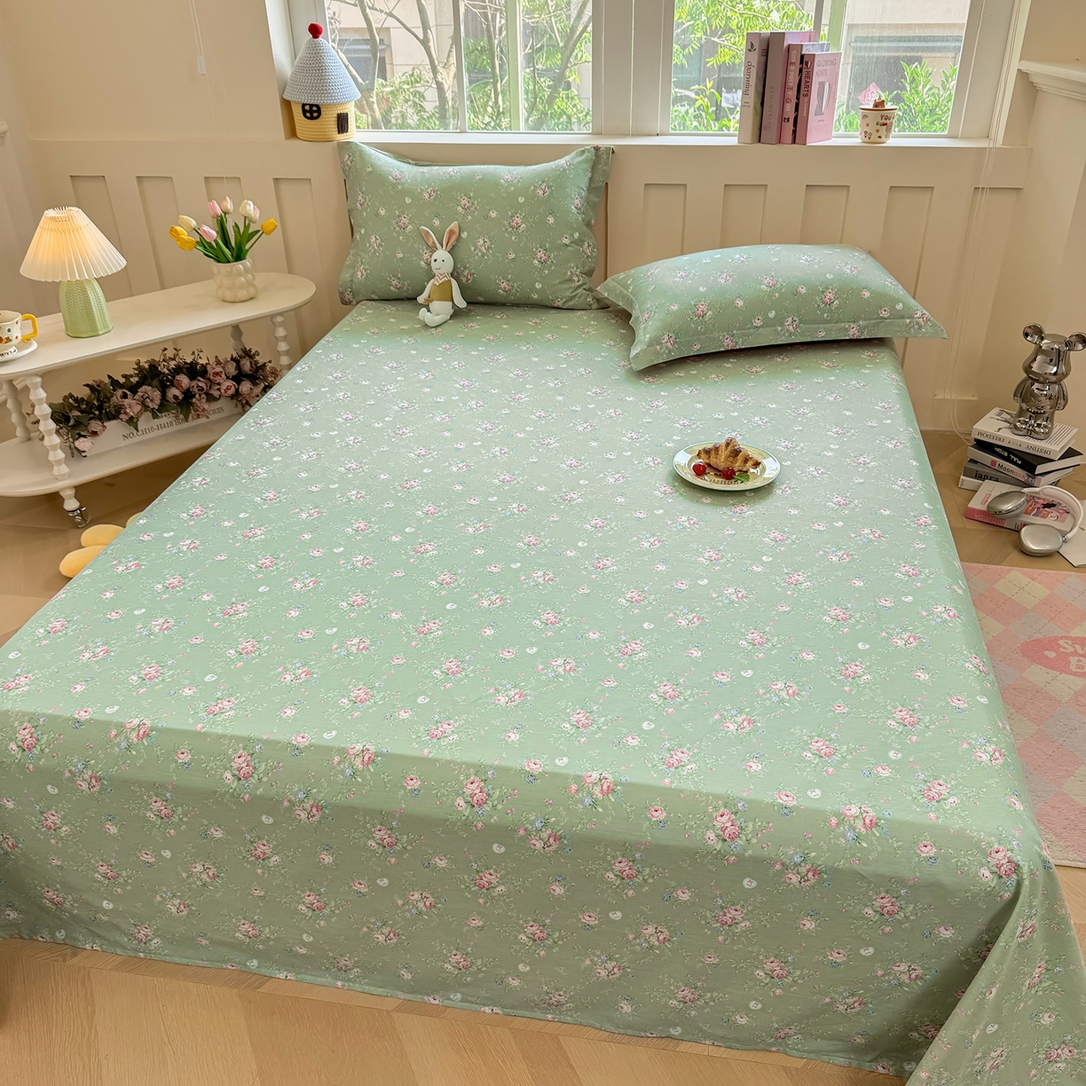 91家纺网 家纺一手货源 找家纺 壹贝家纺 2026新款全棉喷气印花床单系列 沐熙花-绿