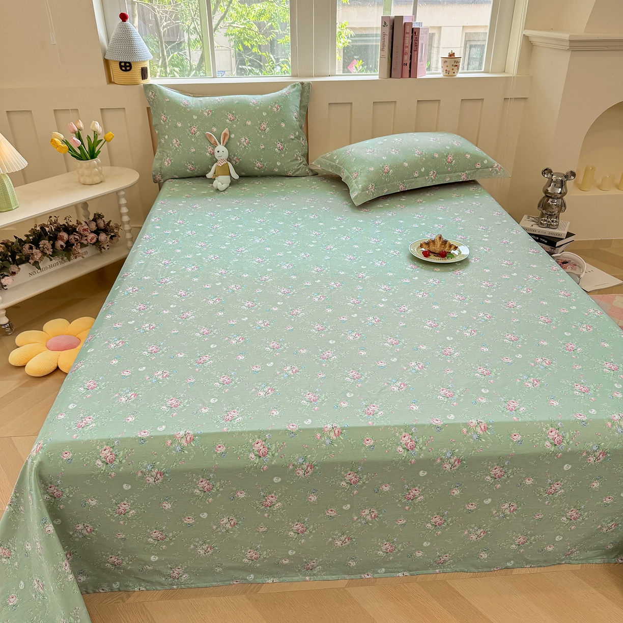 91家纺网 家纺一手货源 找家纺 壹贝家纺 2026新款全棉喷气印花床单系列 沐熙花-绿