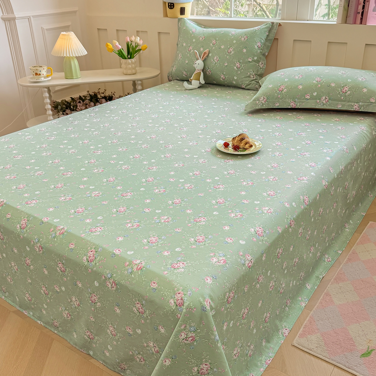 91家纺网 家纺一手货源 找家纺 壹贝家纺 2026新款全棉喷气印花床单系列 沐熙花-绿