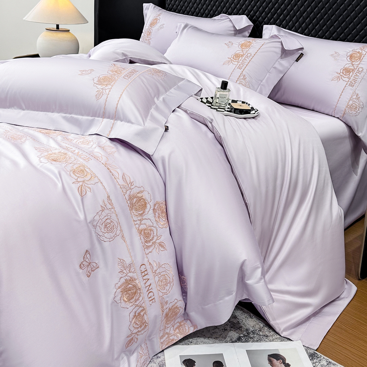 91家纺网 家纺一手货源 找家纺 莱势 2026新品100支纯棉全棉50x50s埃及长绒棉刺绣绣花四件套高端礼盒-倾城系列 倾城-香芋紫