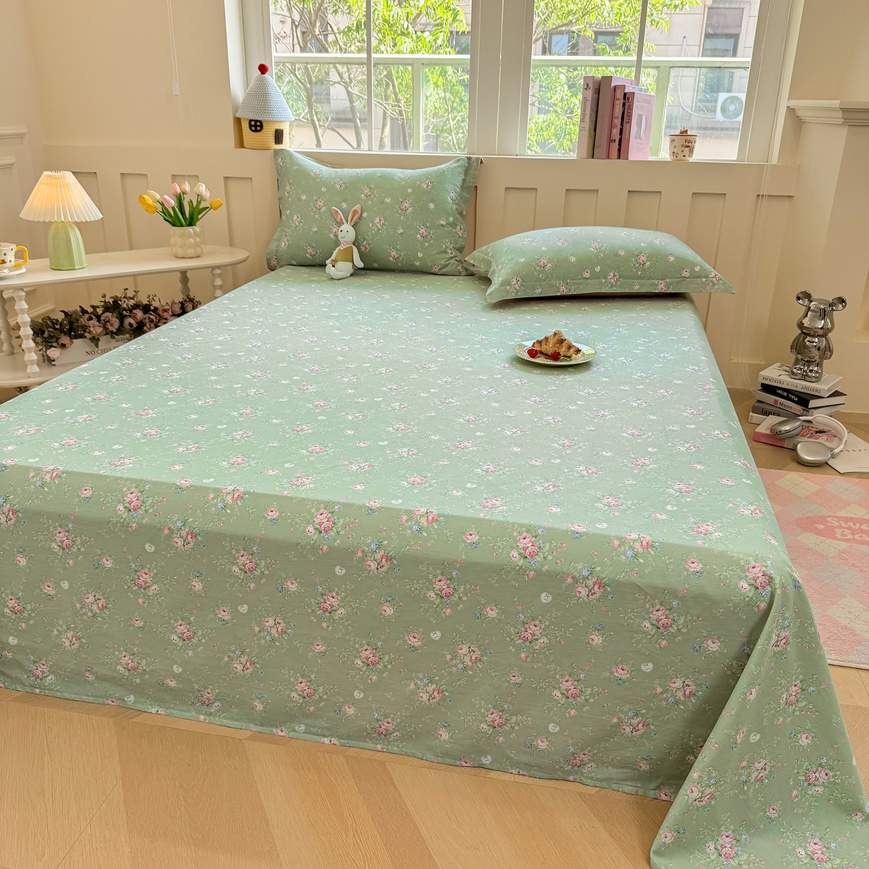 91家纺网 家纺一手货源 找家纺 壹贝家纺 2026新款全棉喷气印花床单系列 沐熙花-绿