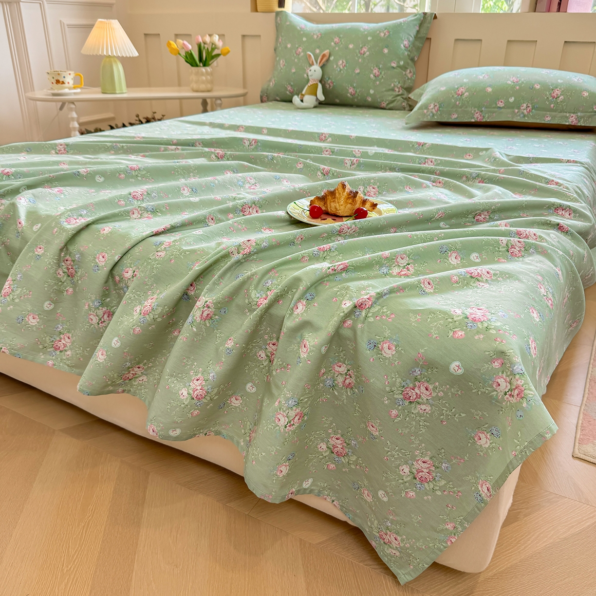 91家纺网 家纺一手货源 找家纺 壹贝家纺 2026新款全棉喷气印花床单系列 沐熙花-绿