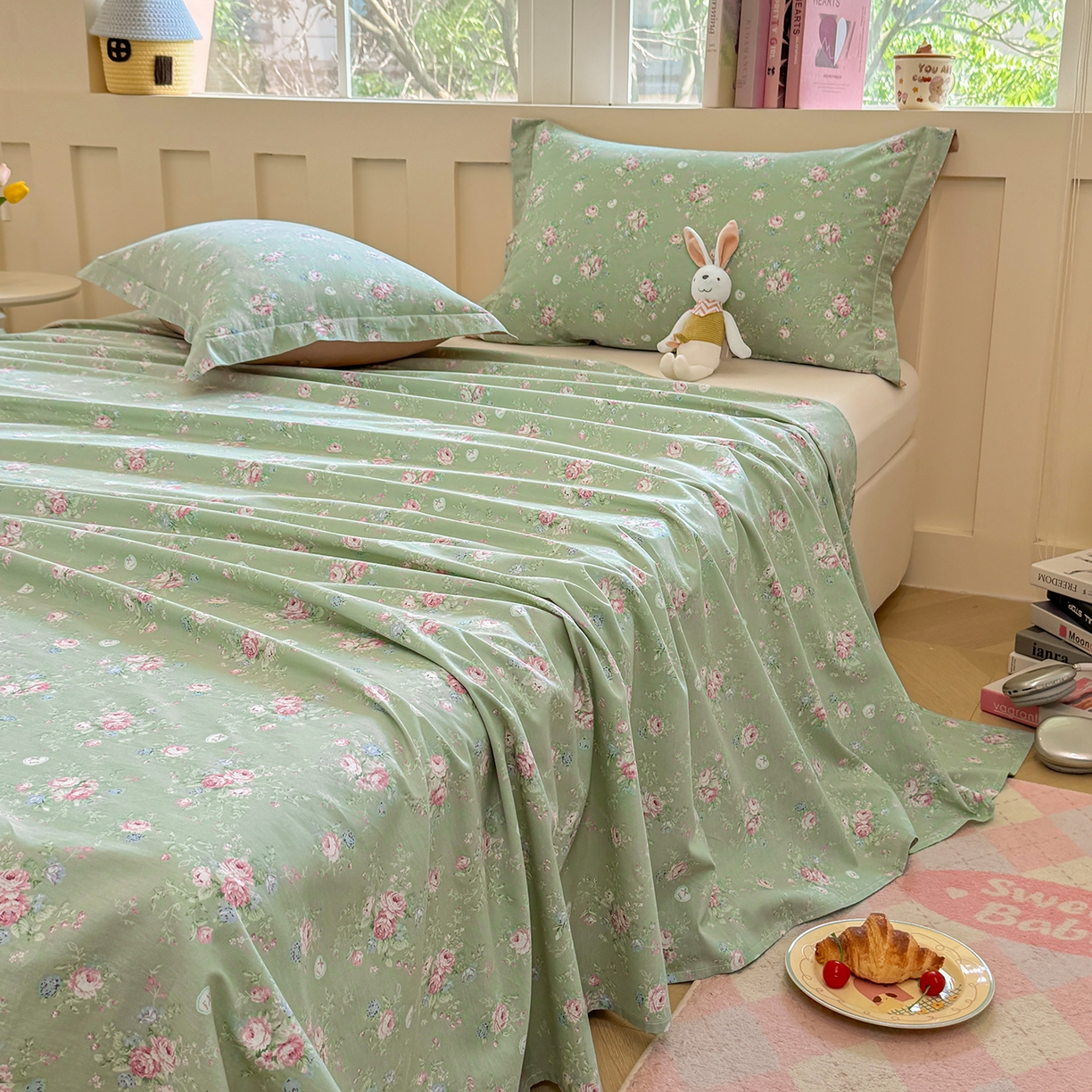 91家纺网 家纺一手货源 找家纺 壹贝家纺 2026新款全棉喷气印花床单系列 沐熙花-绿