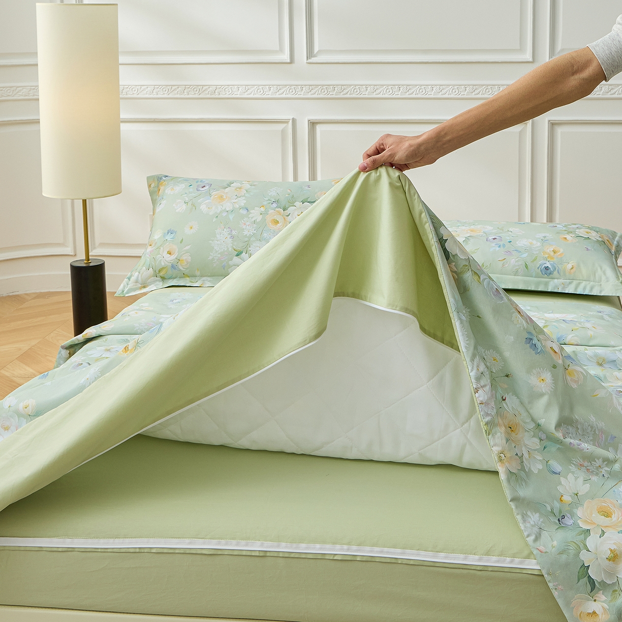 元元家居（元元被业） 2026新款全棉13372套件及单品【印花款】-夹棉被套 花漾绿