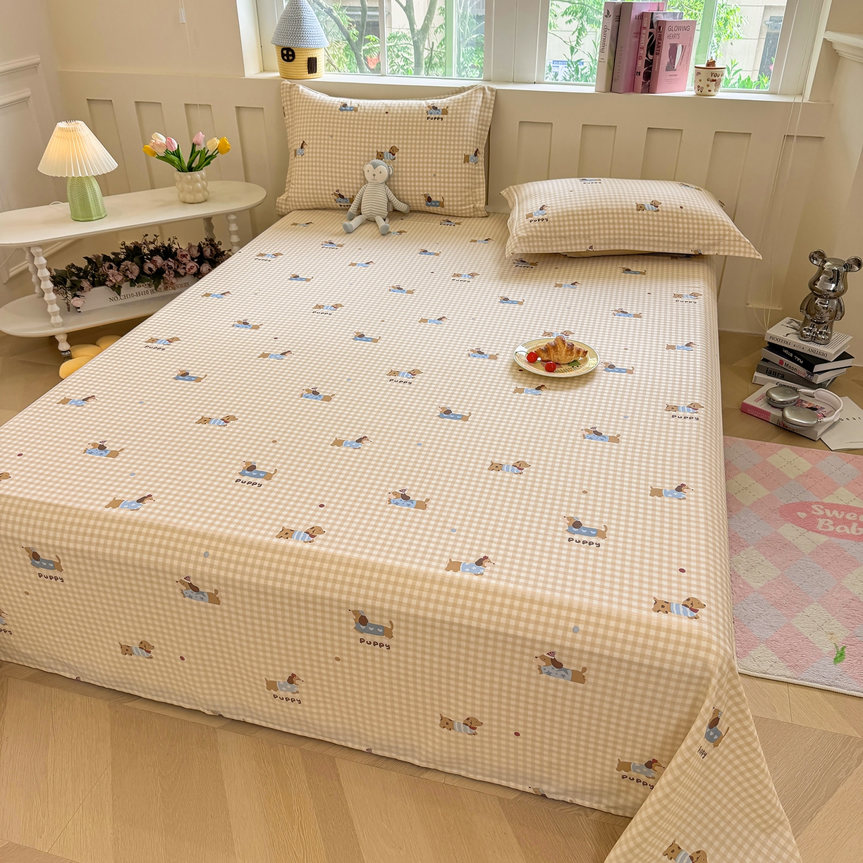 91家纺网 家纺一手货源 找家纺 壹贝家纺 2026新款全棉喷气印花床单系列 俏皮狗