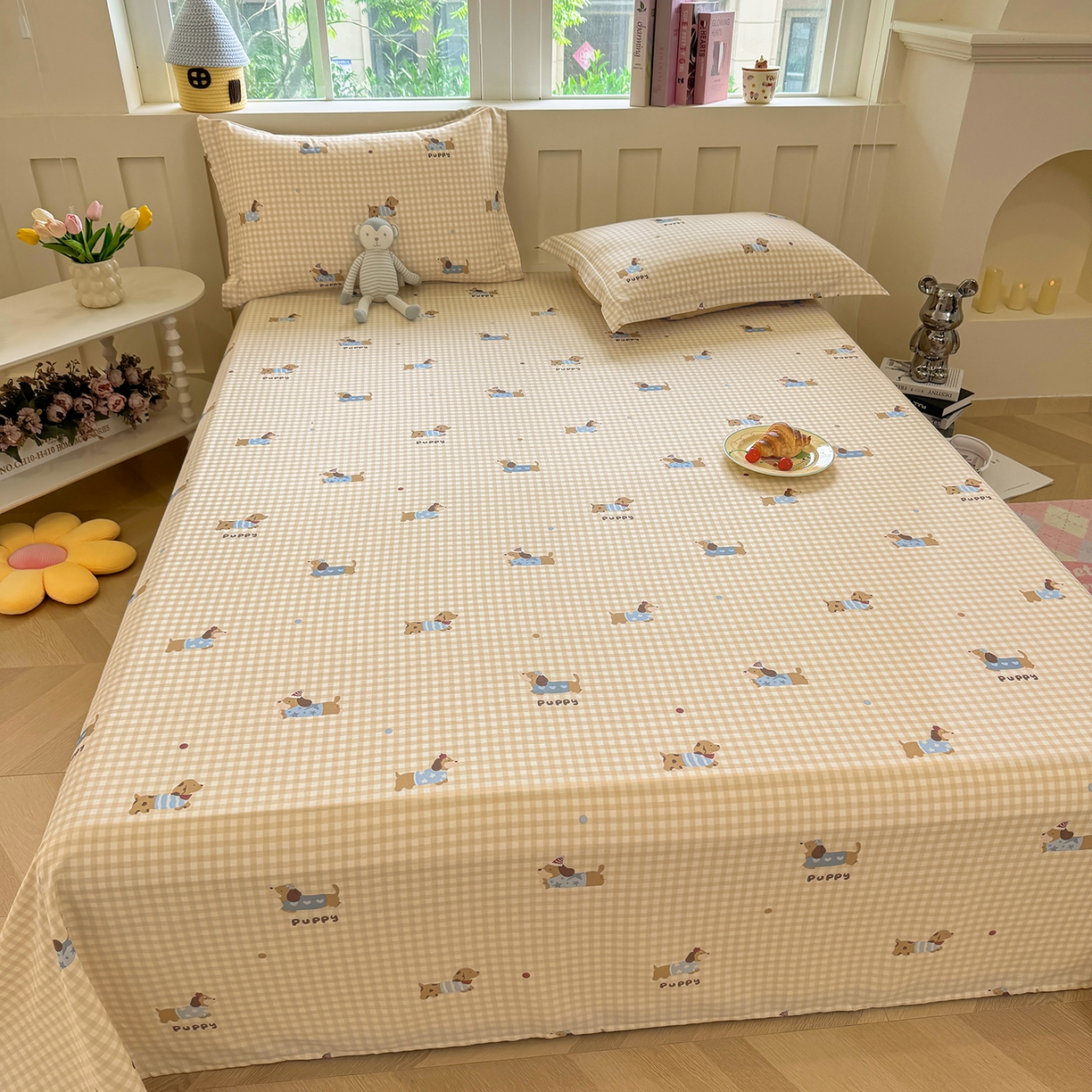 91家纺网 家纺一手货源 找家纺 壹贝家纺 2026新款全棉喷气印花床单系列 俏皮狗