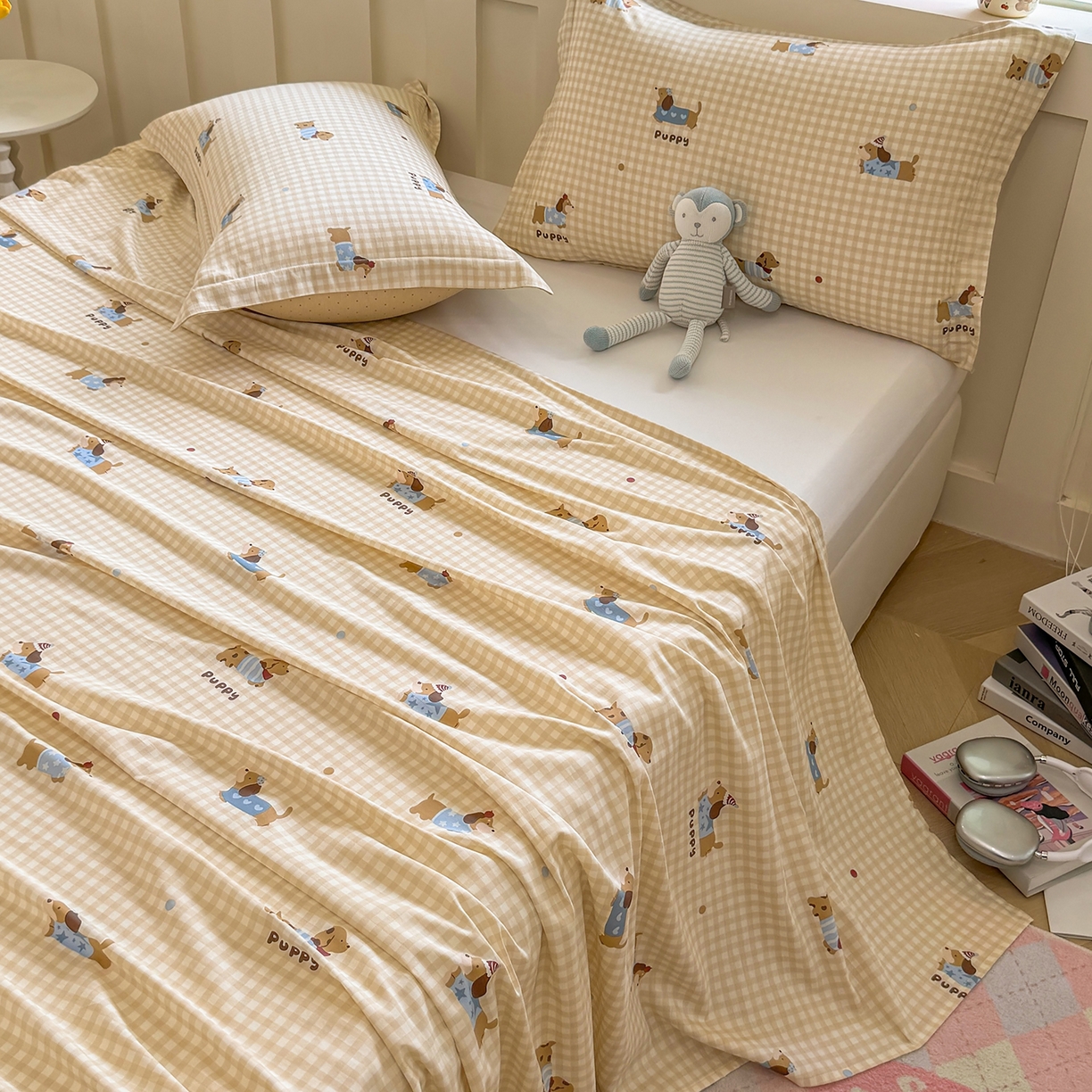 91家纺网 家纺一手货源 找家纺 壹贝家纺 2026新款全棉喷气印花床单系列 俏皮狗