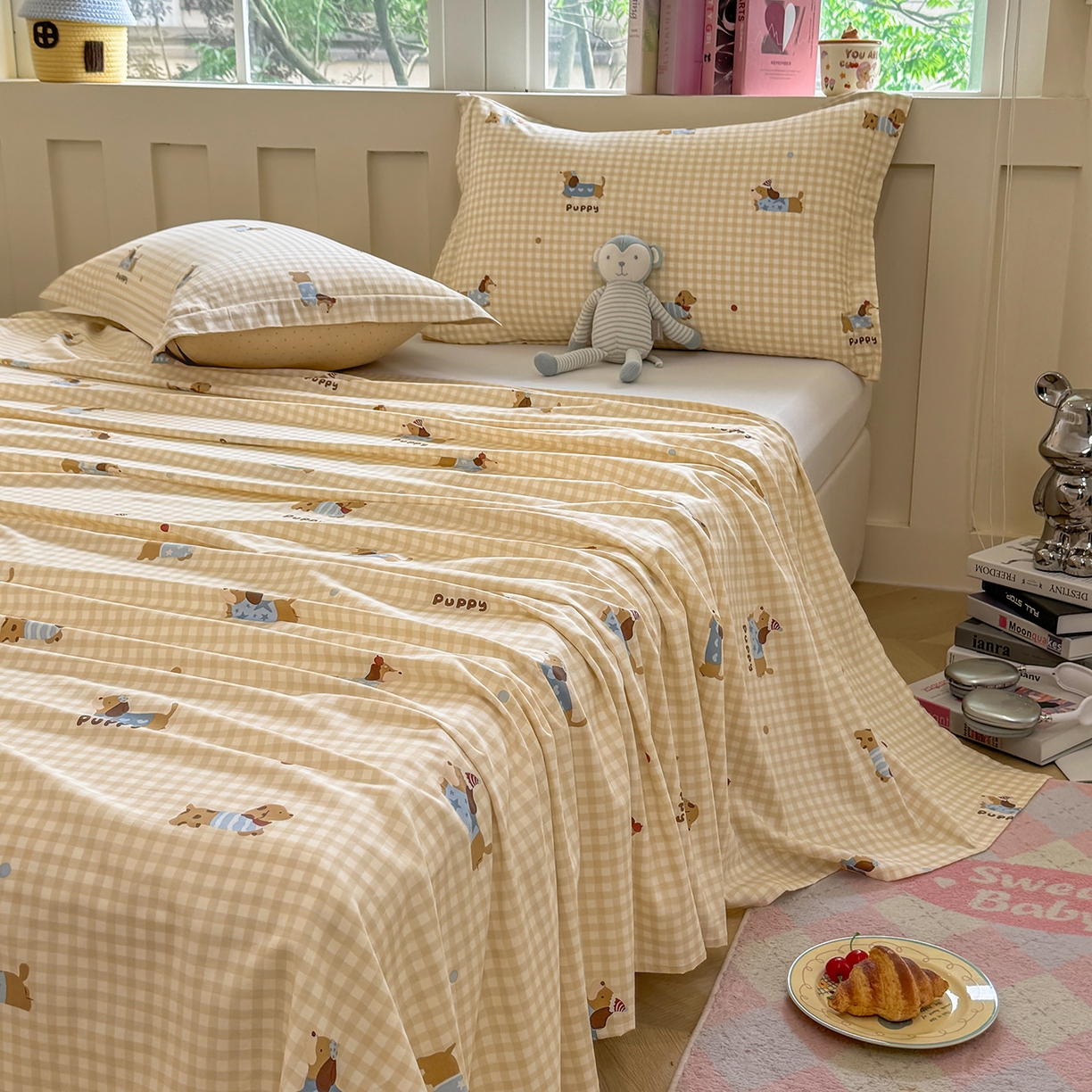 91家纺网 家纺一手货源 找家纺 壹贝家纺 2026新款全棉喷气印花床单系列 俏皮狗